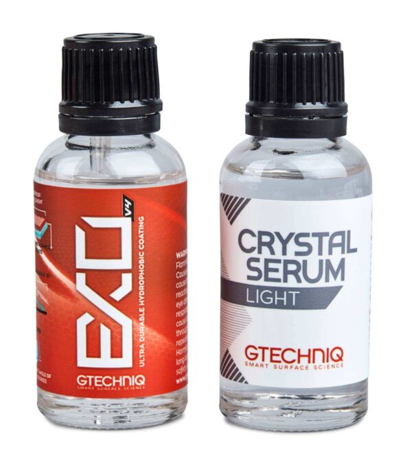 gtechniq exo and crystal serum light bottles head on